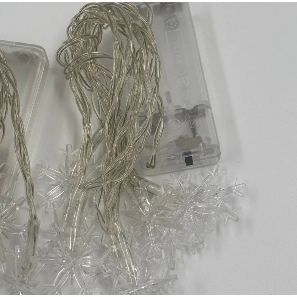 LED Snowflake String Lights Battery Operated Clear Holiday Christmas Fairy Decor